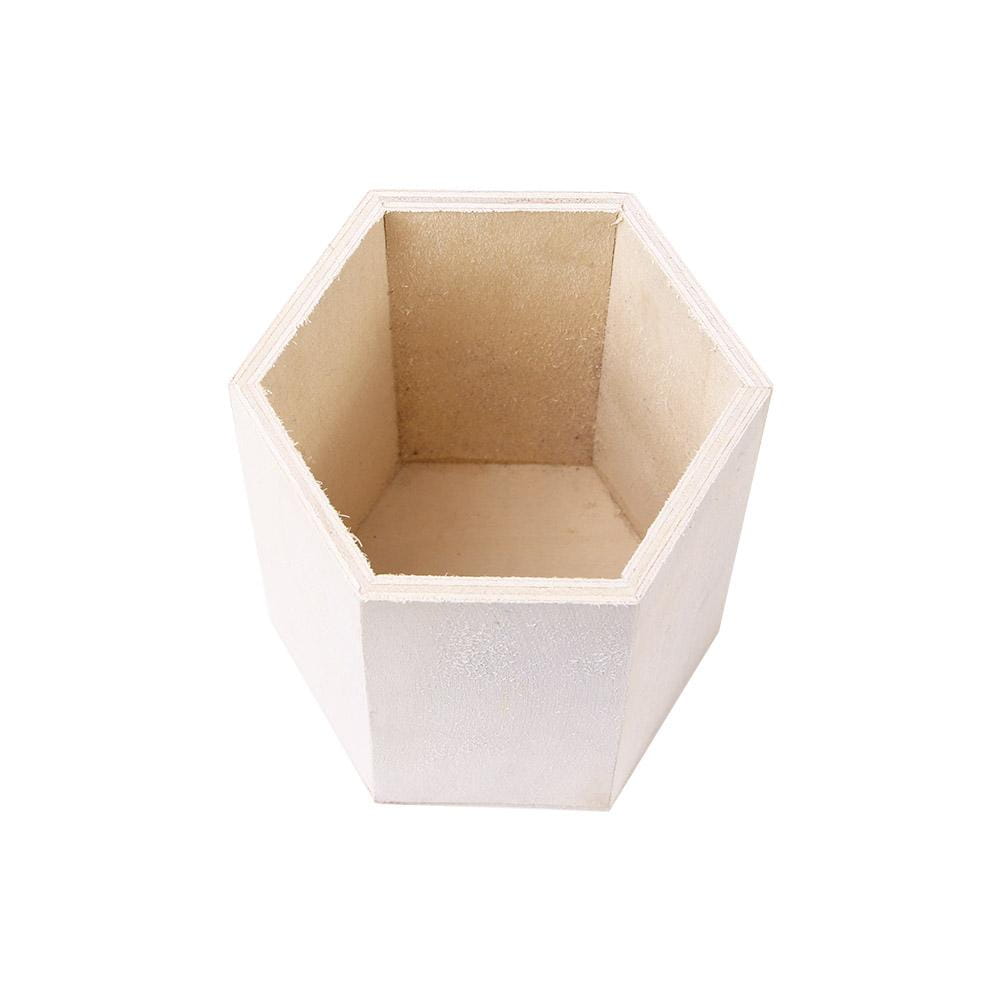Boîte de rangement pour organisateur de bureau de porte-stylo en bois, présentant une jardinière hexagonale blanche à finition mate, avec intérieur en bois au grain visible.