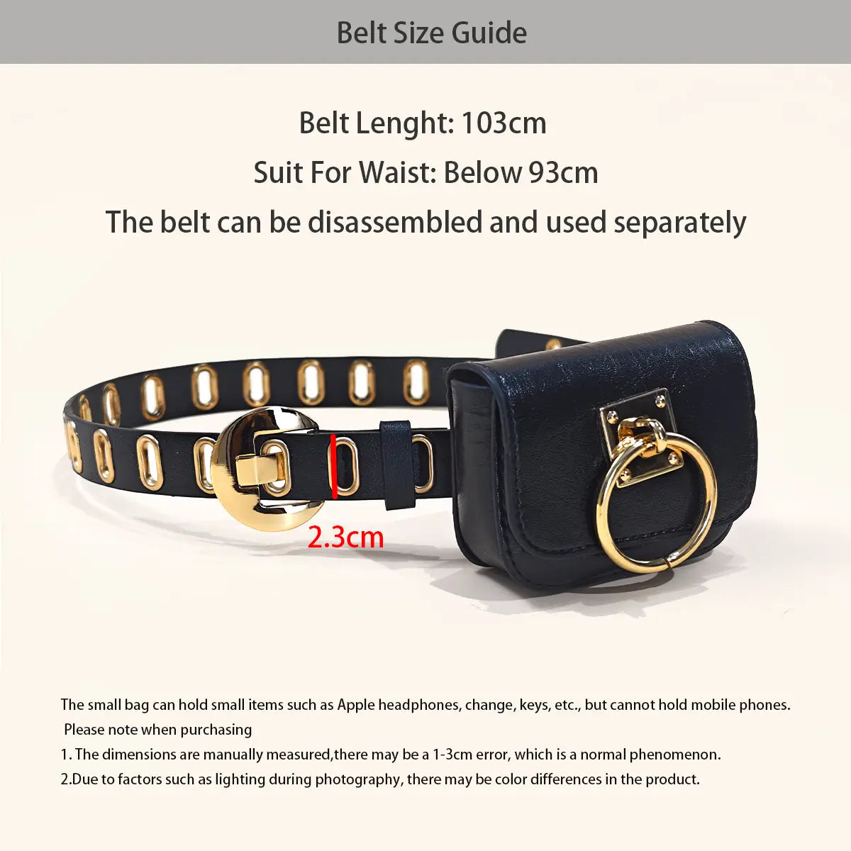Pochette de ceinture de créateur en cuir noir avec quincaillerie métallique finition ton sur ton or et pochette assortie présentant une grande fermeture à anneau circulaire, pour une pochette de ceinture de luxe.