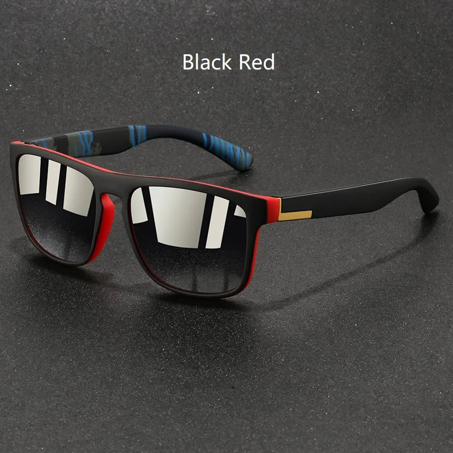vintage square luxury brand designer sunglasses with black and red frames, mirrored lenses, and blue patterned temples.