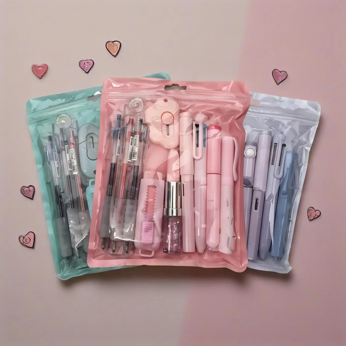 Trousse à crayons en plastique rose pastel remplie de stylos, de marqueurs et d’un petit stylo de type rouge à lèvres pailleté de couleur rose, dans l’ensemble de papeterie pour étudiant de 11 pièces.