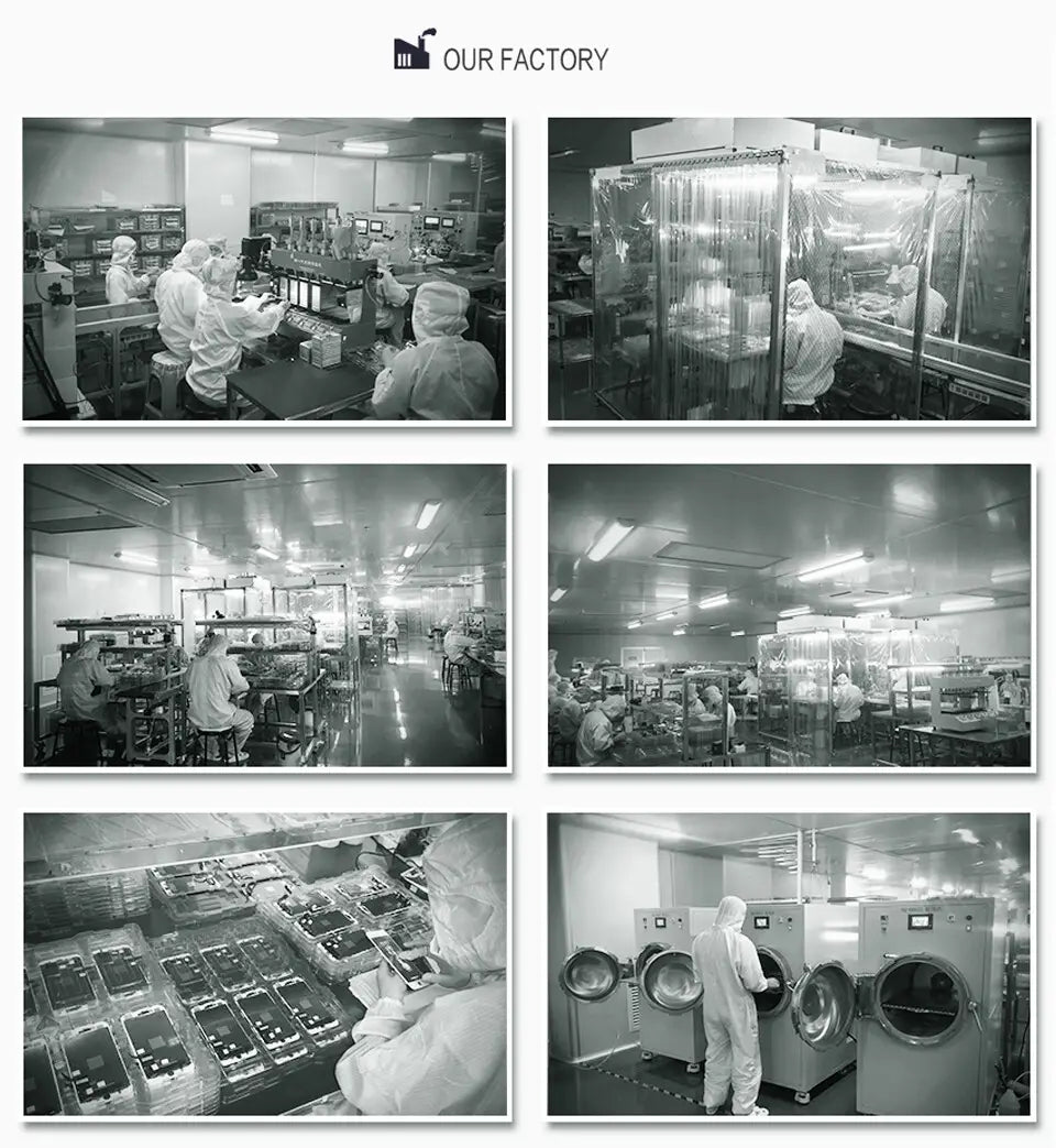 L’image montre des travailleurs en combinaisons de protection blanches assemblant des écrans LCD noir et blanc et des composants d’écran tactile dans une usine industrielle pour le remplacement des écrans LCD iPhone 5 à 8 Plus plus.