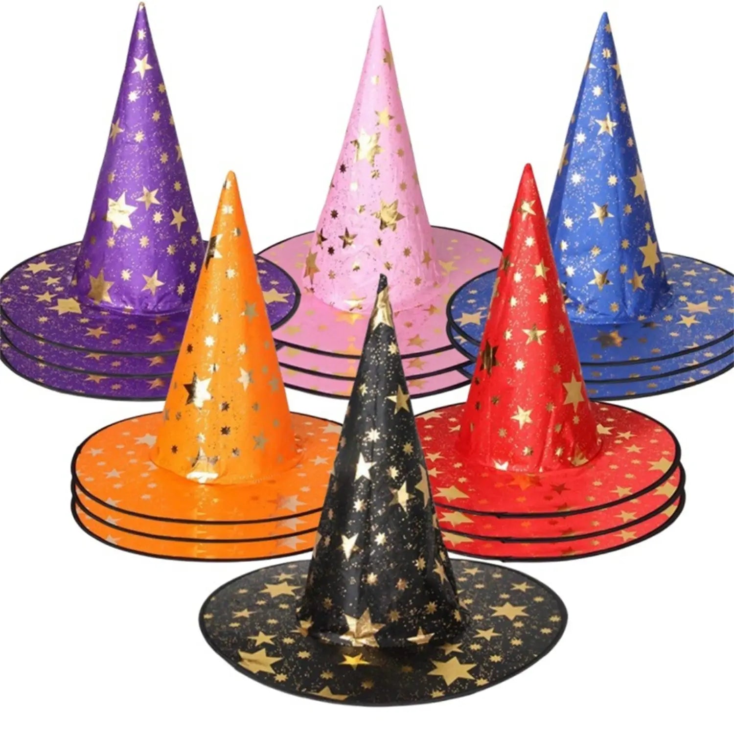 a set of colorful halloween hat decorations featuring star-patterned wizard hats in purple, pink, blue, orange, red, and black glittery fabric as hat decoration props.