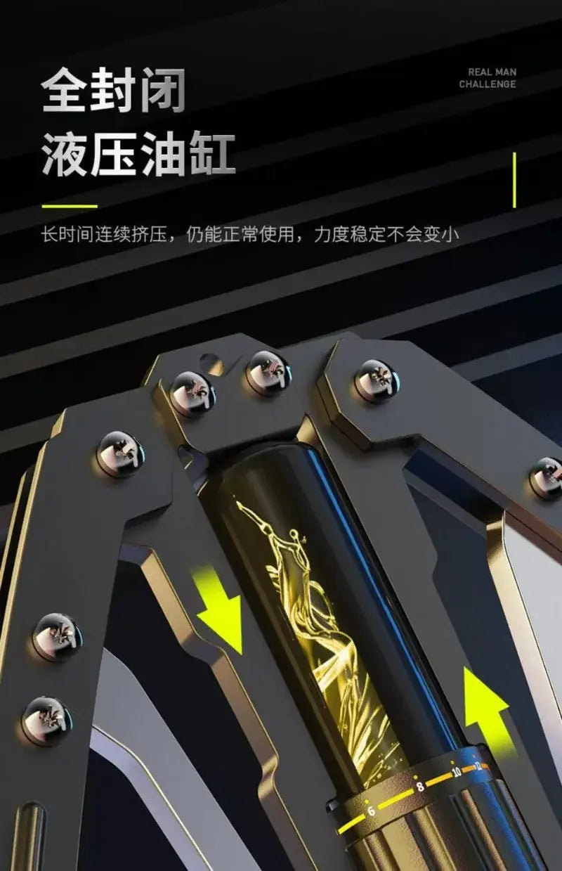 彫刻入りのディテールと洗練された工業的デザインを施した、黒とゴールドの油圧オイルシリンダー。油圧パワーツイスター胸・腕エクササイザー用です。