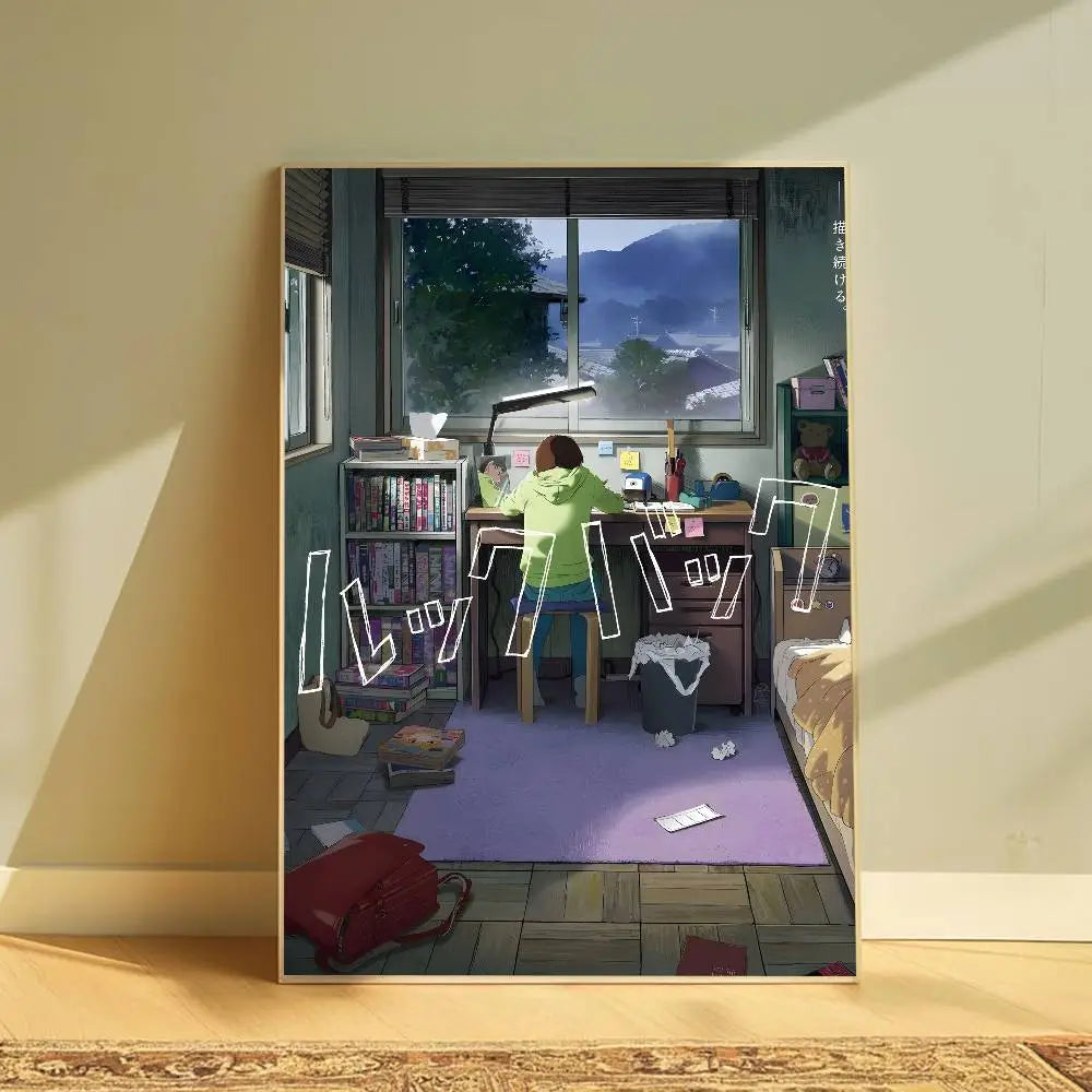 Póster estilo anime con marco que presenta a una persona con sudadera verde estudiando en un escritorio junto a una ventana, con texto japonés y contornos blancos estilizados, que sirve como arte mural gráfico moderno para la decoración de la sala de estar.