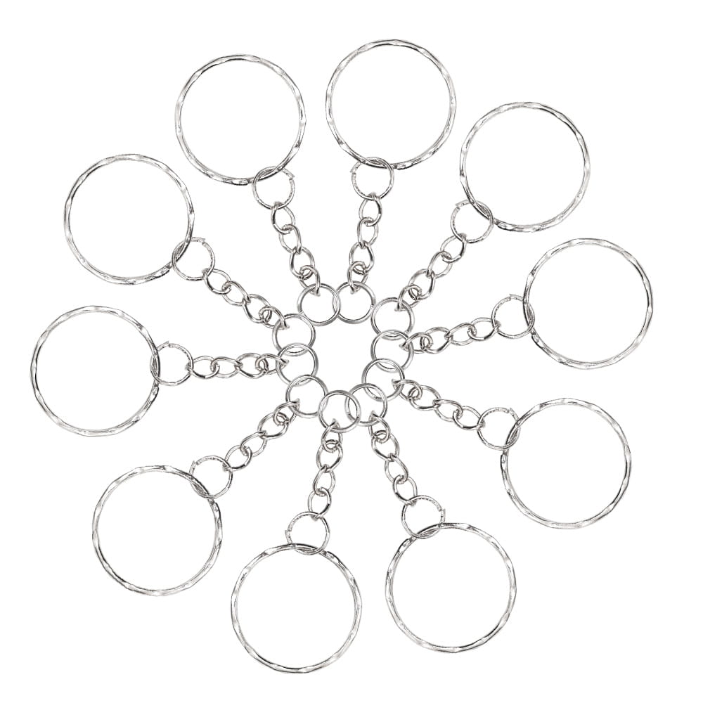 Silver metal keychains with split rings and short chain links designed for secure attachment.