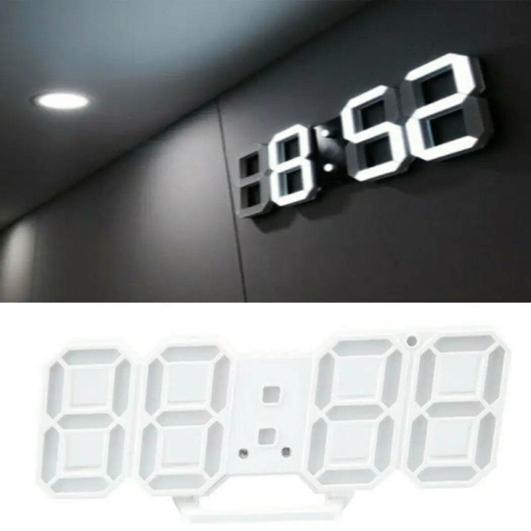 Horloge murale murale numérique LED 3d moderne avec affichage 24 heures en blanc, dotée de chiffres LED tridimensionnels illuminés pour une lecture précise de l’heure.