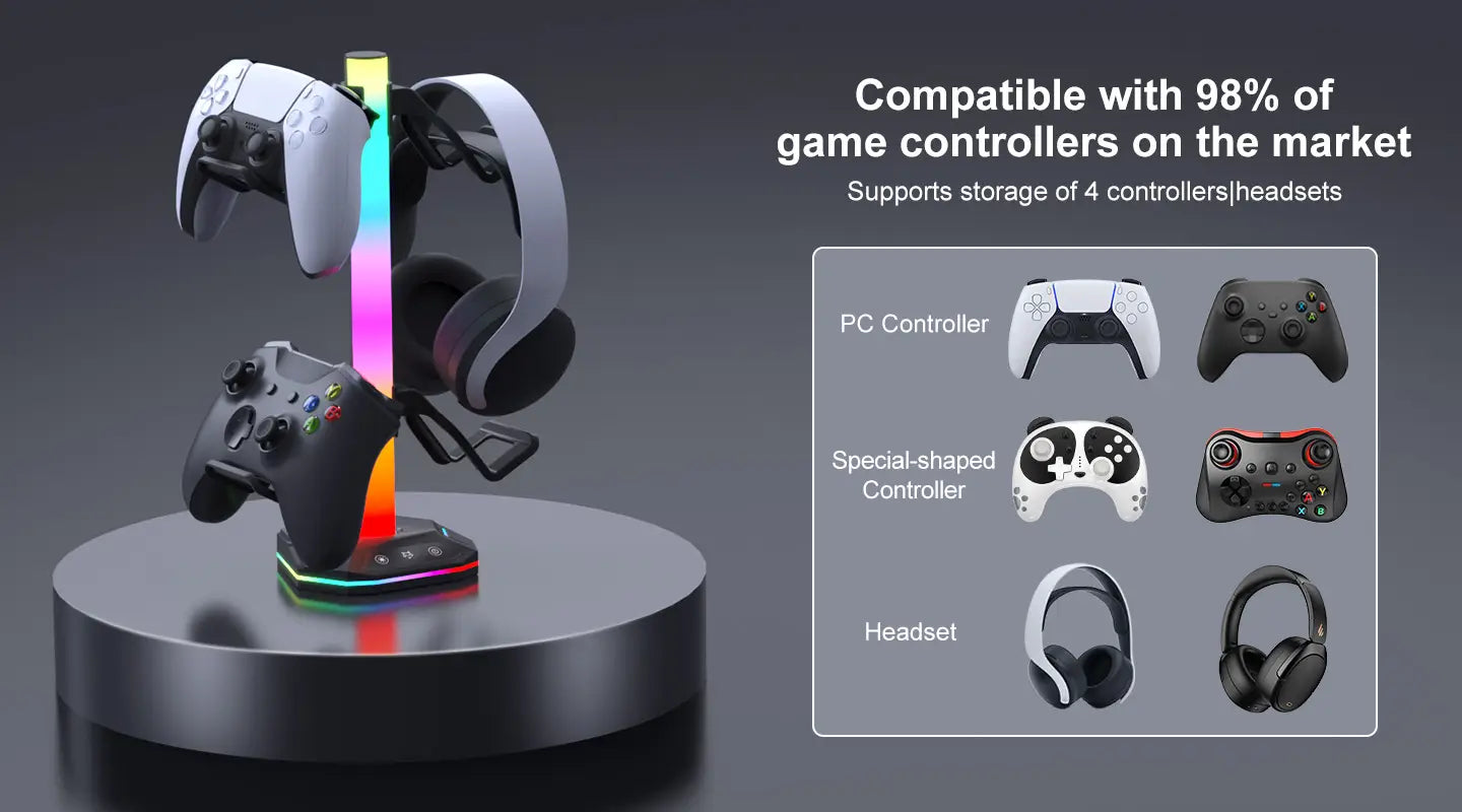Support d’écouteurs RGB et porte-manette pour PS5 avec un design noir élégant et une colonne lumineuse à LED arc-en-ciel pour charger les manettes de jeu et les casques.