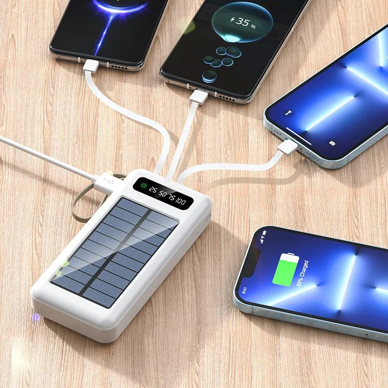 20000mAh Solar Power Bank Large Capacity Mobile Power Fast Charging Battery Dual USB 4 Cables with Mobile Phone Stand