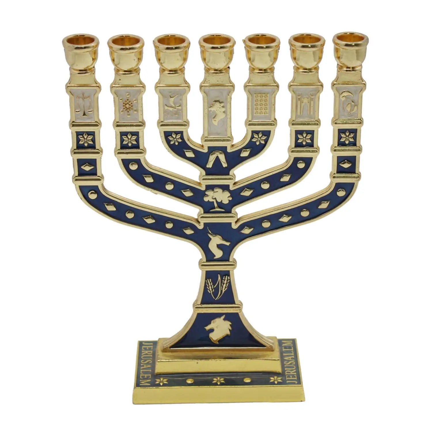 Menorah Candelabrum Ornament with Gold Accents Table Centerpiece Candlestick for Living Room Banquet Christmas Home Decor Gold and navy blue enamel menorah candelabrum with intricate decorative motifs on each arm designed for living room home decor.