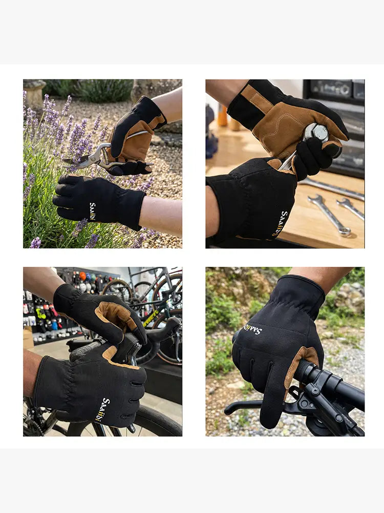 Schwarz-hellbraune Touchscreen-Gartenarbeitshandschuhe mit verstärkten Handflächen und rutschfestem Griff, von der Rückseite gezeigt, mit gebrandetem sani auf jeder Hand.