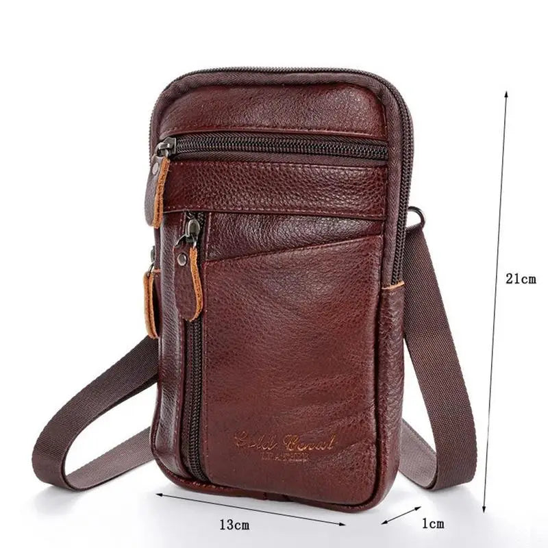 braune Ledergürteltasche für Herren mit mehreren Reißverschlüssen und passendem, verstellbarem Riemen, entworfen als bequeme Gürteltasche und Umhängetasche für das Mobiltelefon.