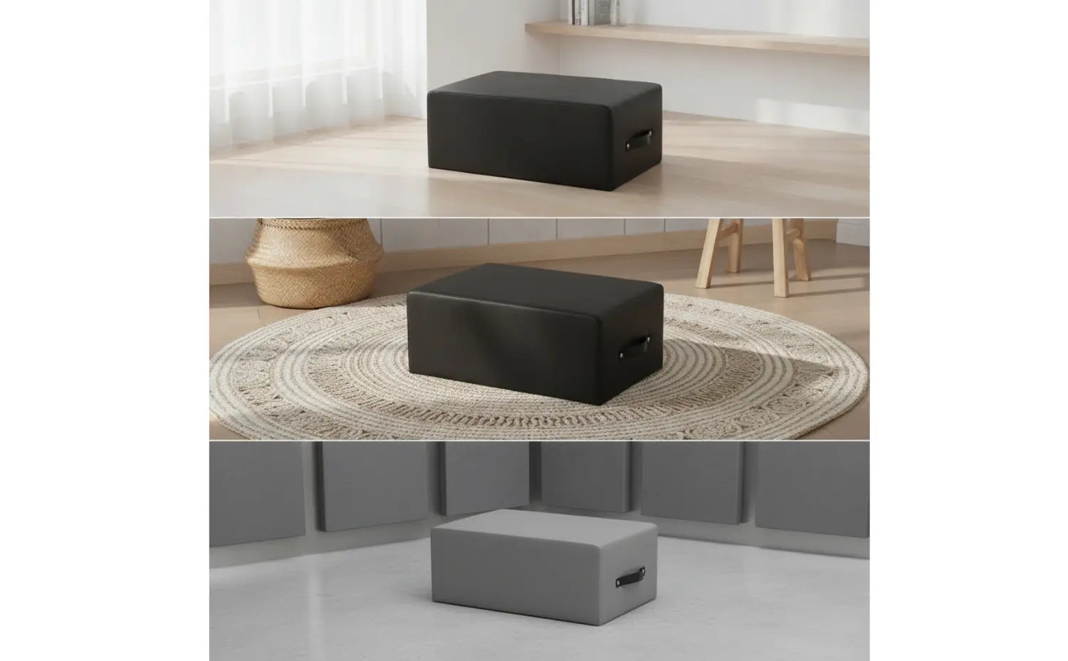 Schwarze rechteckige, gepolsterte Fitnessbox mit stoffbezogenem Außenmaterial und seitlichem Griff, konzipiert für die Aufbewahrung bei Pilates und im Home-Gym