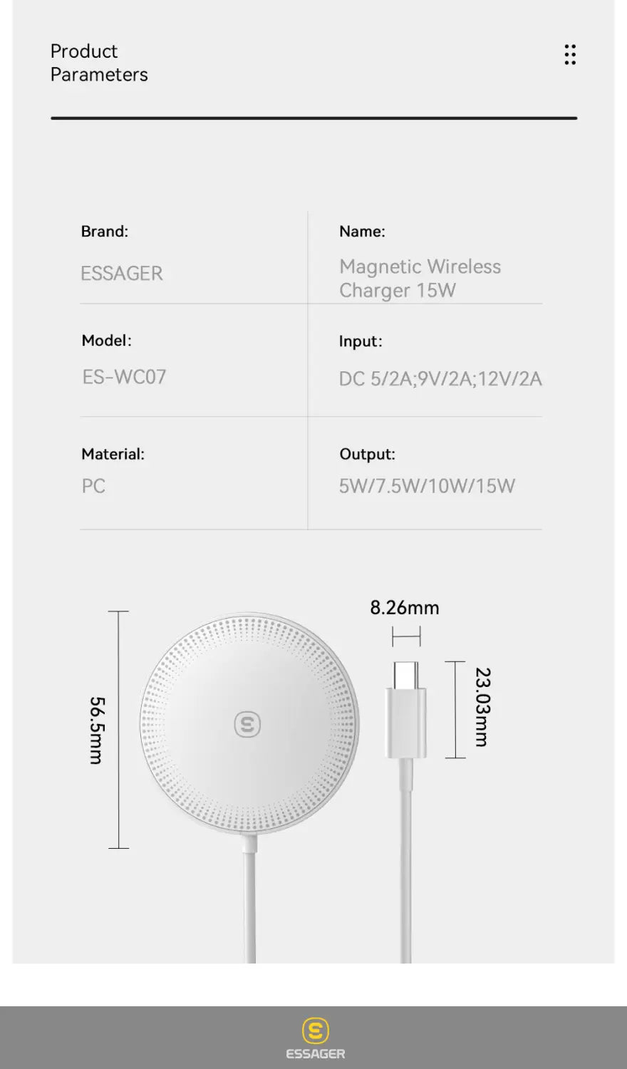 White circular magnetic wireless fast charger with textured surface and usb-c cable model es-wc07 by essager for wireless charging of iPhone 14 13 12