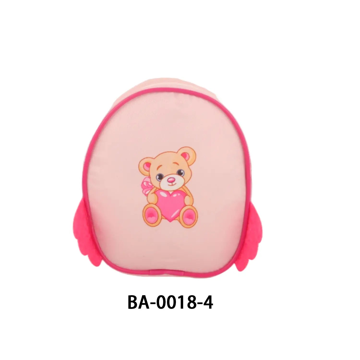 Rosa Plüsch-Puppenrucksack mit einer Cartoon-Bär-Figur, die ein vorne besticktes Herz hält, entworfen als niedliches Mini-Reiseetui-Accessoire.