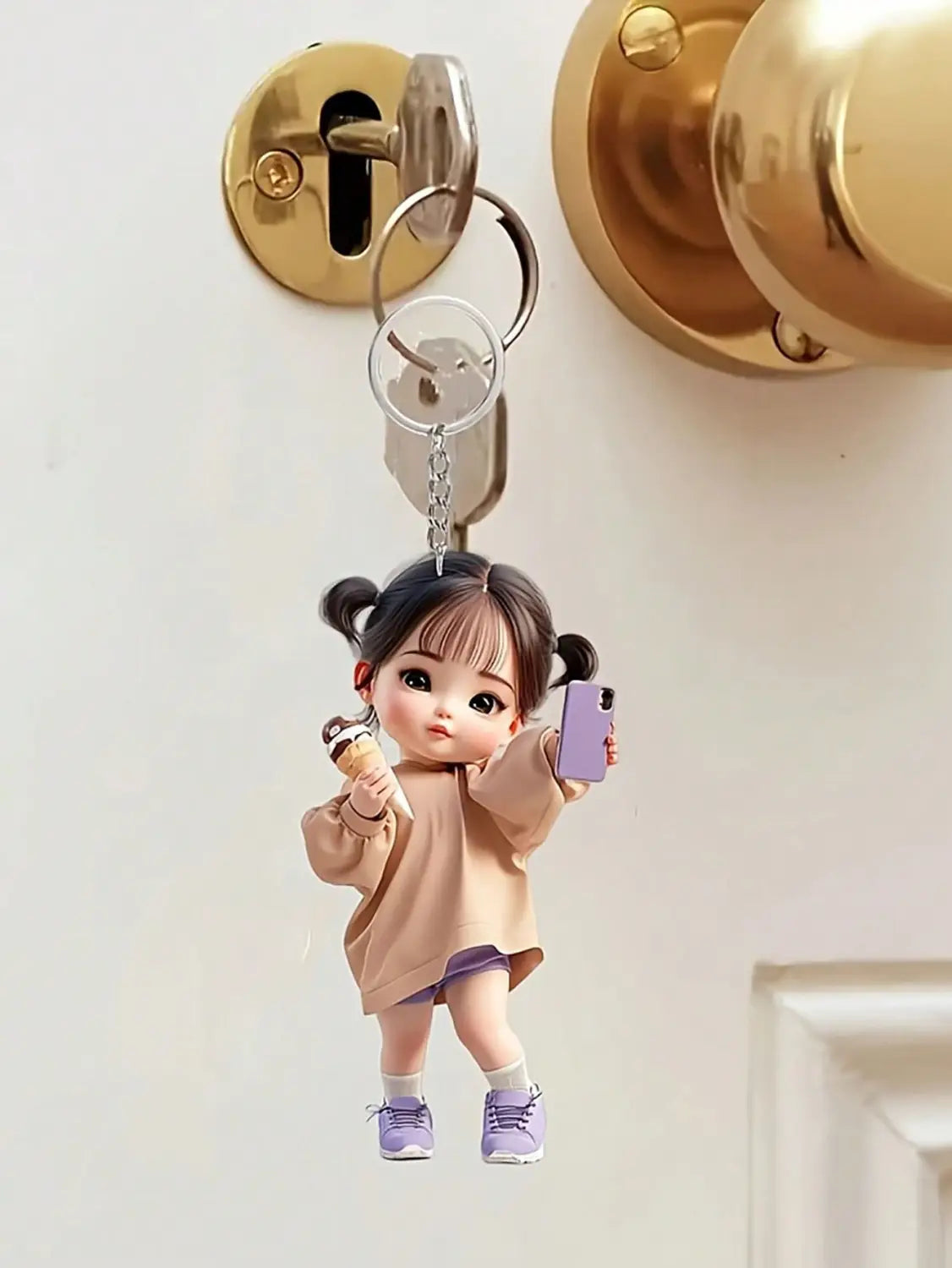 A cute acrylic girl keychain cartoon pendant featuring a charming girl with black pigtails wearing a beige outfit and purple sneakers holding an ice cream cone and a lavender smartphone.