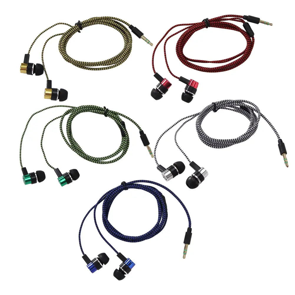 Set of five colorful braided cable in-ear wired headphones with metallic accents and black ear tips featuring bass stereo effect and volume control.