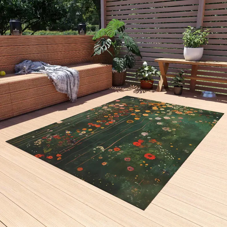 a rectangular door mat with a vibrant floral design featuring orange red and white blossoms on a deep green background suitable for living room use and recommended for hand wash care