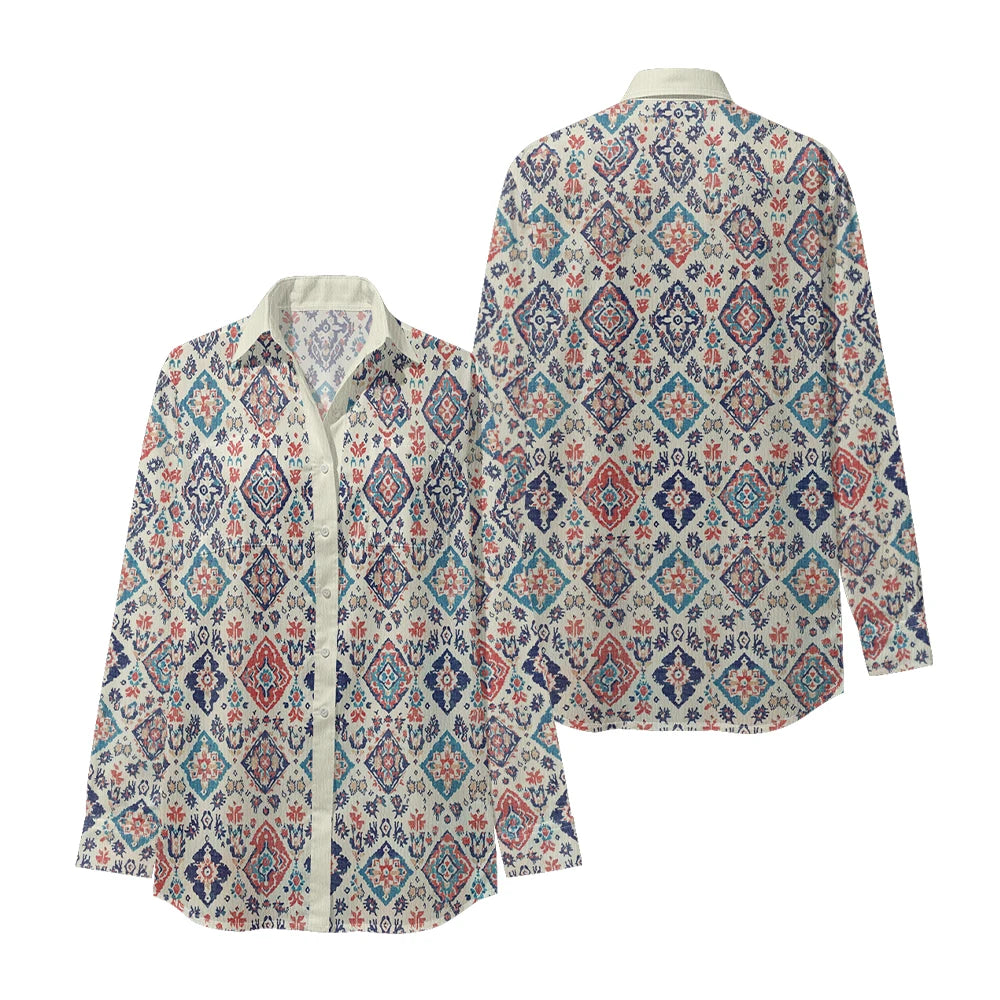 Ethnic-Inspired Long-Sleeve Women Shirt with Aztec Geometric Pattern Printed Front 2 Pockets Button-Up Retro Tribal Casual Style