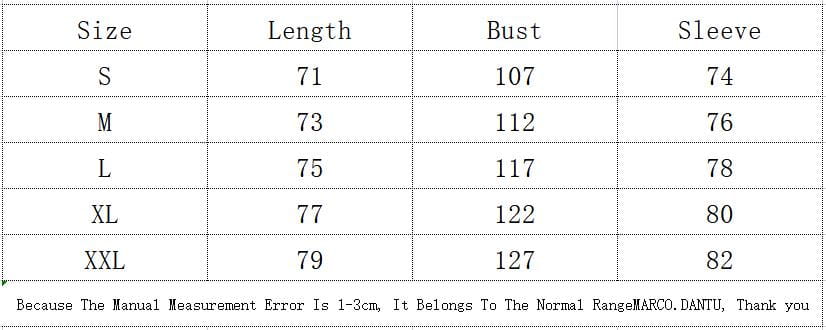 Guide des tailles pour le t-shirt décontracté à manches raglan longues Marco Dantu, pour homme, de printemps, présentant les mesures en centimètres pour les tailles S à XXL.