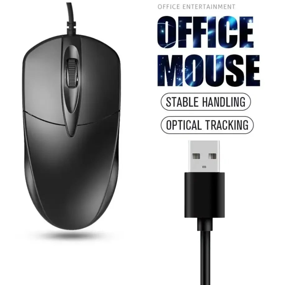 Schwarze kabelgebundene optische Maus mit ergonomischem Design und 1200-dpi-Empfindlichkeit für präzises Tracking und eine kabelgebundene Verbindung