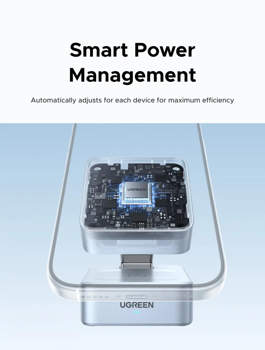 Silberner Ugreen magnetischer kabelloser Ladegeräte-Ständer für iPhone mit transparenter Abdeckung, die die interne Leiterplatte und die zentrale Verarbeitungseinheit für intelligente Stromverwaltung sichtbar macht.