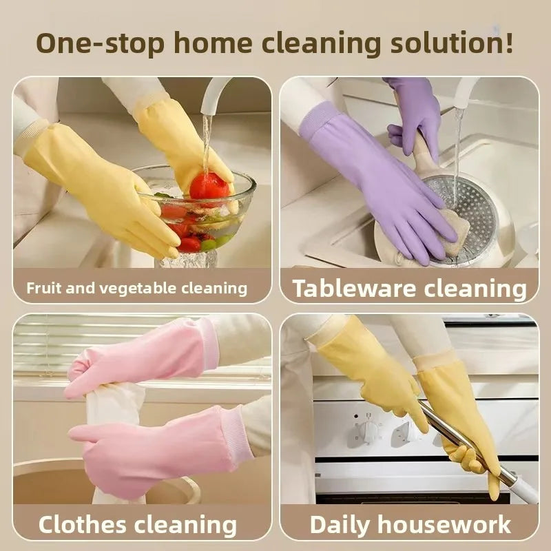 Dishwashing Gloves Women Waterproof and Durable Housework Laundry Thickened Velvet Warm Non-slip Fit Threaded Latex Rubber