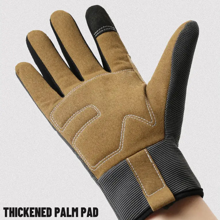 Tan and black touchscreen work glove for men and women with reinforced palm pad, textured suede-like backhand, and mesh fabric at fingertips for enhanced grip shown from the back side.