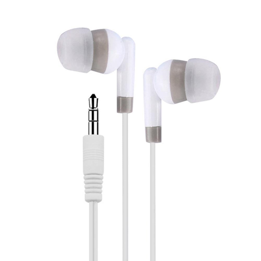 Auriculares intrauditivos con cable blancos, con almohadillas de silicona gris translúcido y conector de audio de 3,5 mm, para dispositivos en negro y blanco.