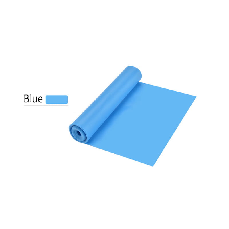 A light blue rolled-up yoga mat with a smooth non-slip surface designed for resistance workout bands for home fitness.