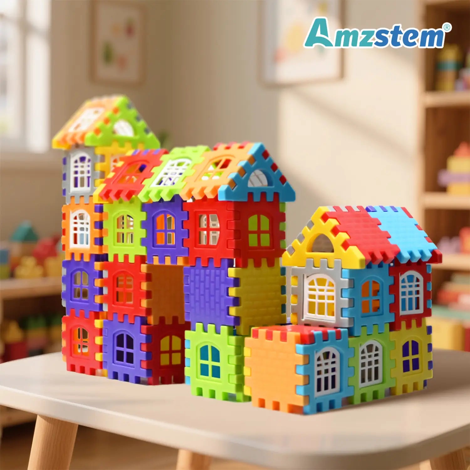 Un vibrante conjunto de construcción de casa con grandes bloques de plástico multicolor, fabricado con espuma amzstem, con piezas de encaje tipo rompecabezas que se disponen en una estructura de casa lúdica.