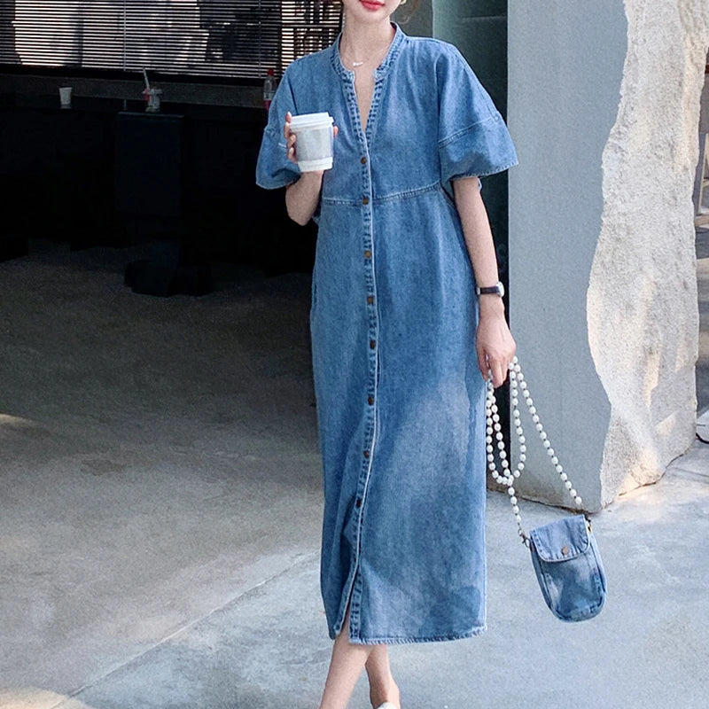 Vintage Denim Women's Dresses for 2026 Summer Thin Casual Jeans Dress Loose Plus Size Lady Vestidos Female Clothes Robe KE6062