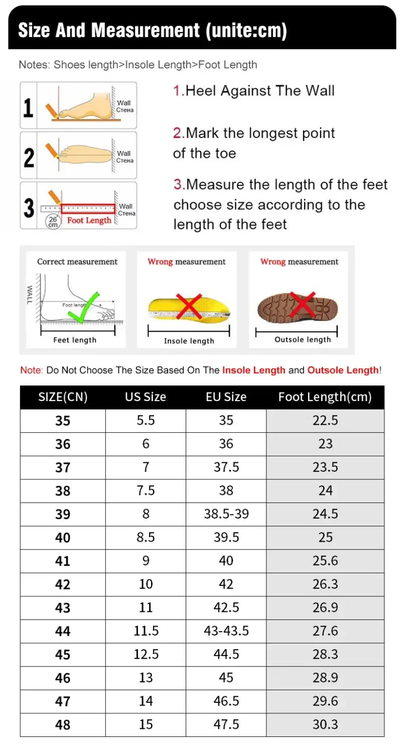 Guide des tailles et tableau des mesures pour les baskets de sport décontractées en maille respirante pour hommes Zuuban, présentant des conversions de tailles et des schémas de mesure de la longueur du pied.