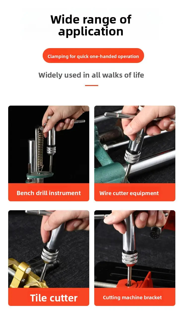 silver metallic bench drill instrument with spring-loaded clamp mechanism for tap and die set thread cutting tool kit