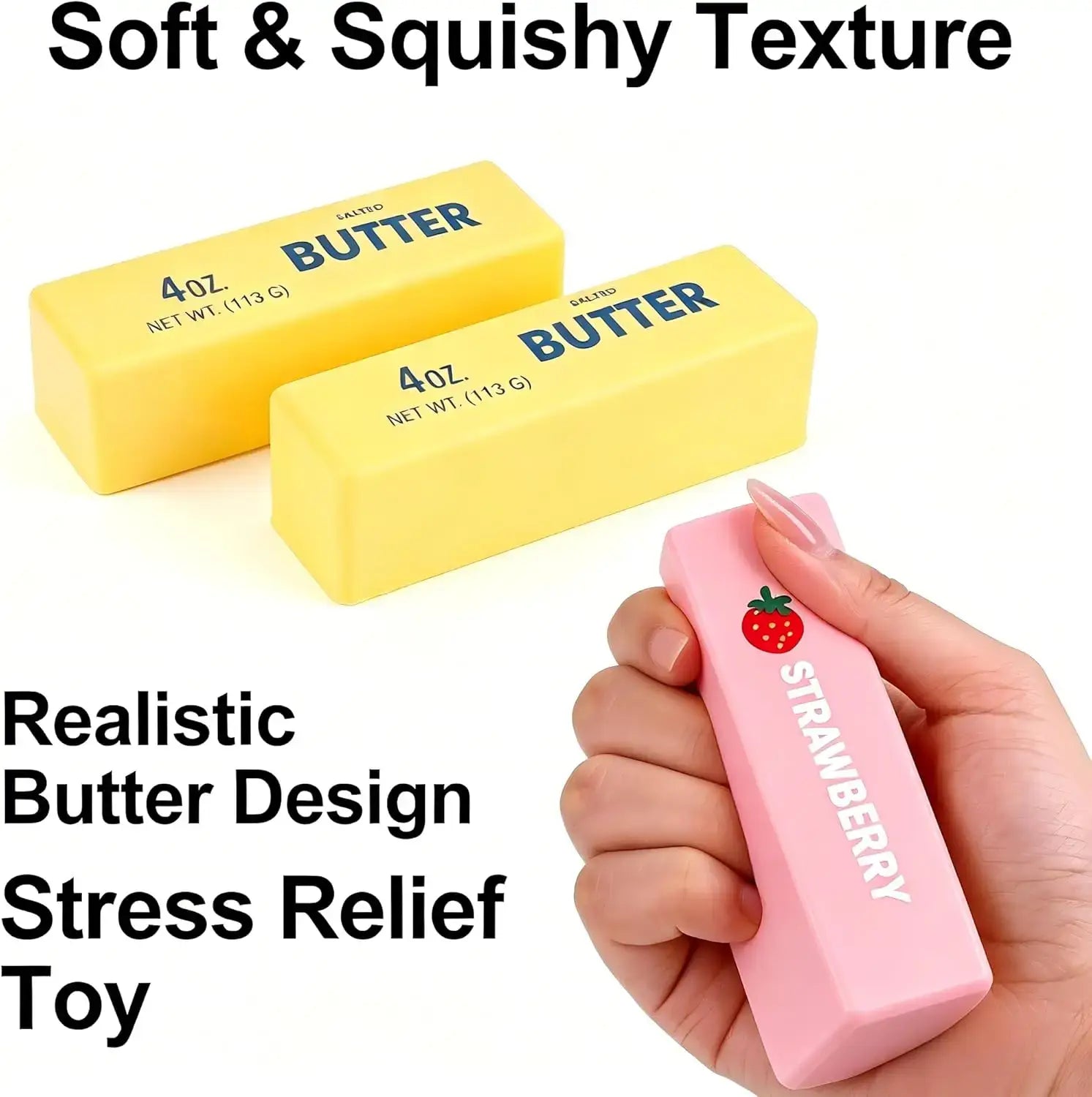 pink strawberry-flavored slow rising squishy butter stress relief toy shaped like a butter bar for butter squeeze and calming use