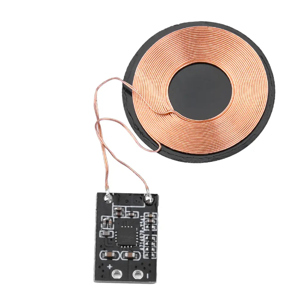 Copper-colored circular wireless charging coil with black base and attached circuit board for wireless charging receiver module 5v pcba featuring input voltage and output current specifications and optimized sensing distance.
