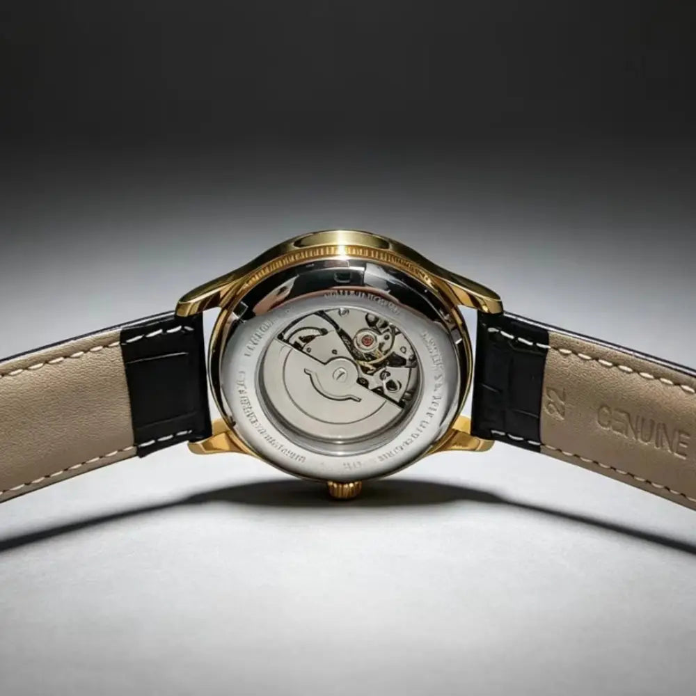 Gold-toned automatic skeleton mechanical watch with visible movement and black and tan leather strap.