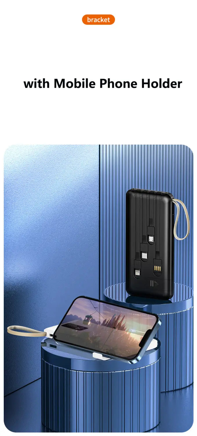 内蔵ケーブル、複数のUSBポート、デジタル表示、およびリストストラップを備えた黒色の長方形形状のモバイルバッテリーであり、充電デバイスに対応する互換モデル