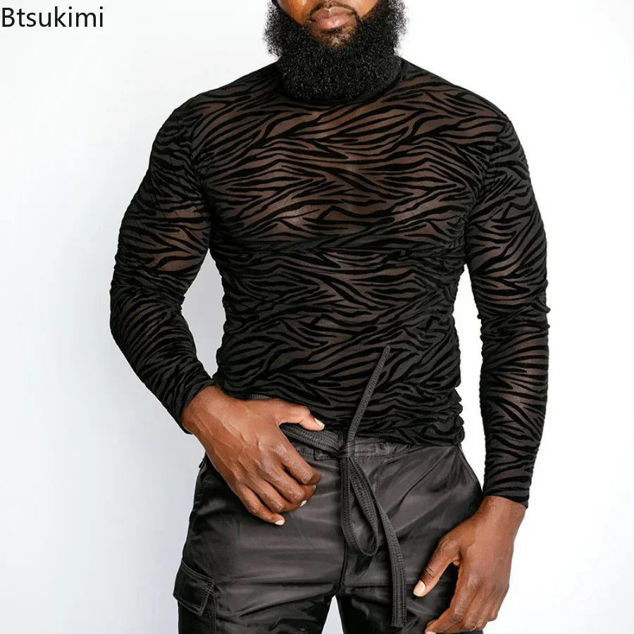 Men's T Shirt Perspective Turtleneck Long-sleeved Lace Tight Fitting T-shirt for Men Streetwear Bottoming Shirt Inside Male Tops