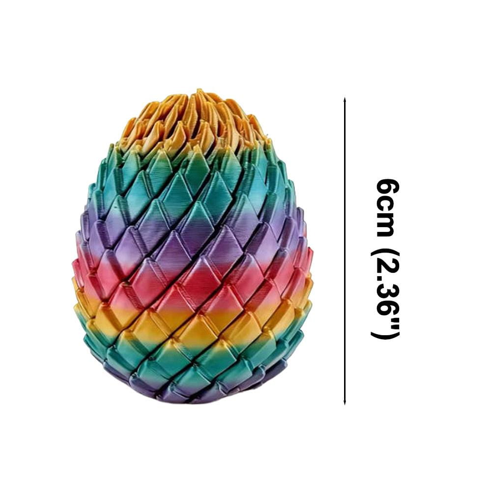 A vibrant rainbow-colored articulated dragon egg fidget toy with a textured interlocking scale pattern shown from the front.