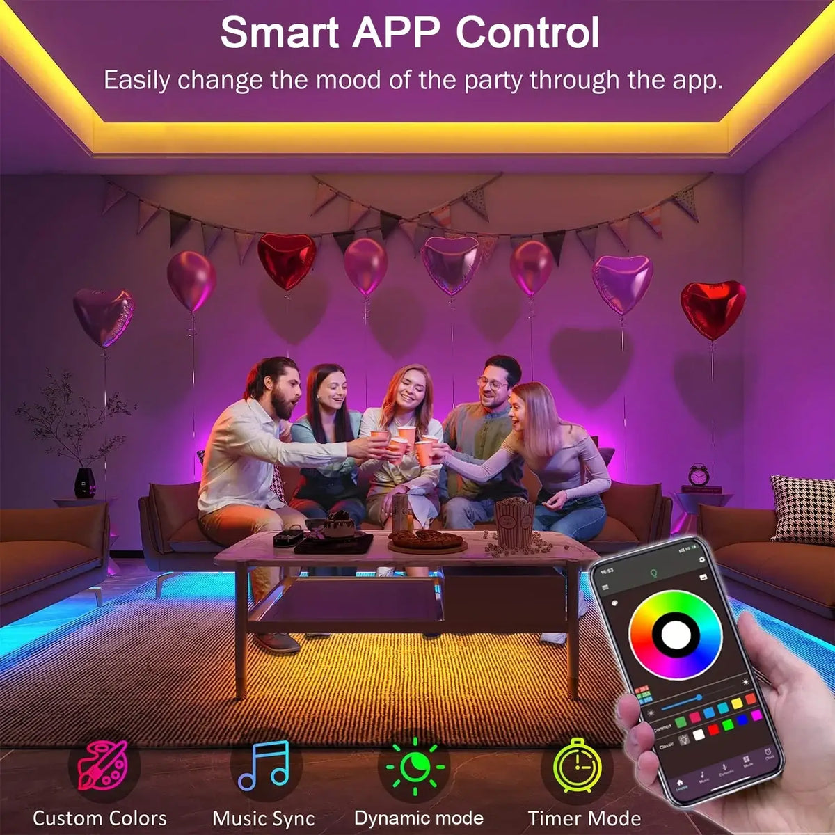 Rgb led strip lights displaying customizable colors and modes with music sync and app control for ambient lighting