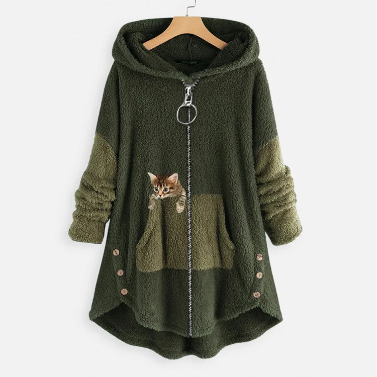 Hoodie Coat Jacket Women Hooded sweatshirt Patchwork Cat Print Zipper Thick Overcoat Streetwear Female Autumn Winter Outerwear