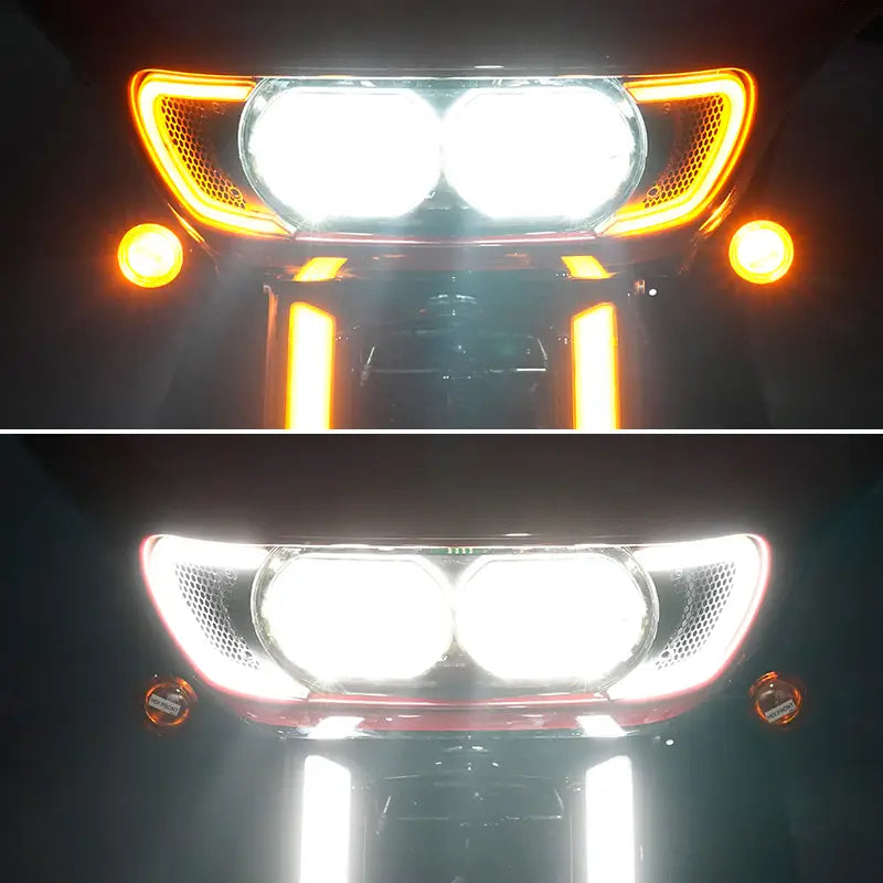 Die Road-Glide-LED-Scheinwerferlüftungs-Akzentleisten 2015–2024 verfügen über beleuchtete, doppelte kreisförmige weiße Glühbirnen mit amberfarbenen LED-Akzentlichtern, eingefasst von einem eleganten, modernen Mesh-Design.