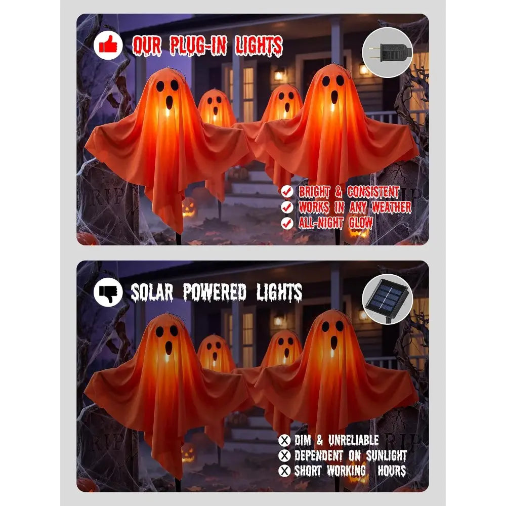 Orange glowing halloween ghost lights with black eye and mouth cutouts designed as plug-in ghost pathway lights for outdoor decor.