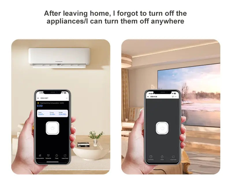 Weißer, wandmontierter Klimaanlagen-Luftkonditioner mit schlankem, minimalistischen Design, dargestellt neben dem DGB-63E WLAN-Smart-Leistungsschutzschalter mit Live-Leitungs-Energiezähler und Zeitsteuerrelais-Funktionalität