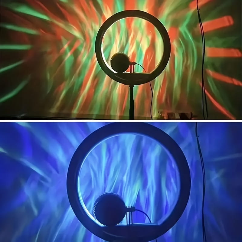 une veilleuse à lampe de projection à LED avec télécommande noire et projecteur central, diffusant sur le mur derrière elle des motifs tourbillonnants vibrants rouges et verts, ou bleus