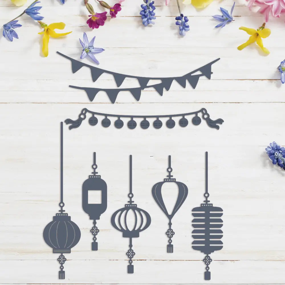 Set of five dark gray metal cutting dies featuring intricate paper-cut chinese lantern designs for Chinese New Year crafting.