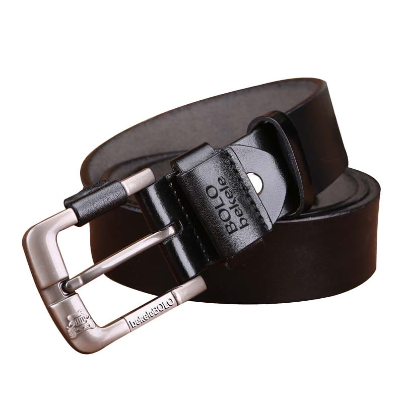 Cinturón de cuero genuino negro para hombre con hebilla de aleación de plata que presenta el nombre de la marca bollo grabado en la hebilla y una lengüeta de cuero.