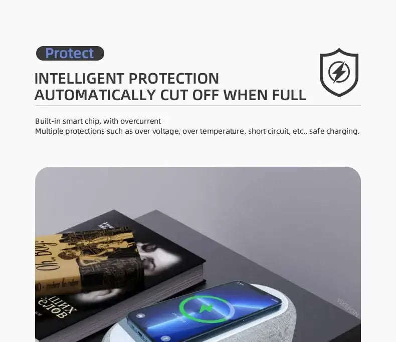 White textured wireless charging alarm clock with night light featuring wireless charging function and power saving mode with a smartphone displaying a green circular charge indicator resting on it