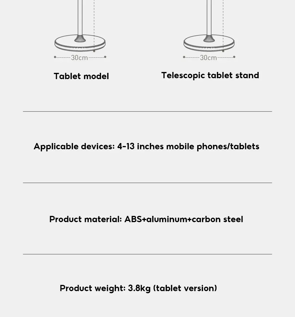 Aluminum alloy telescopic tablet and phone floor stand made of abs, aluminum, and carbon steel for adjustable height use.