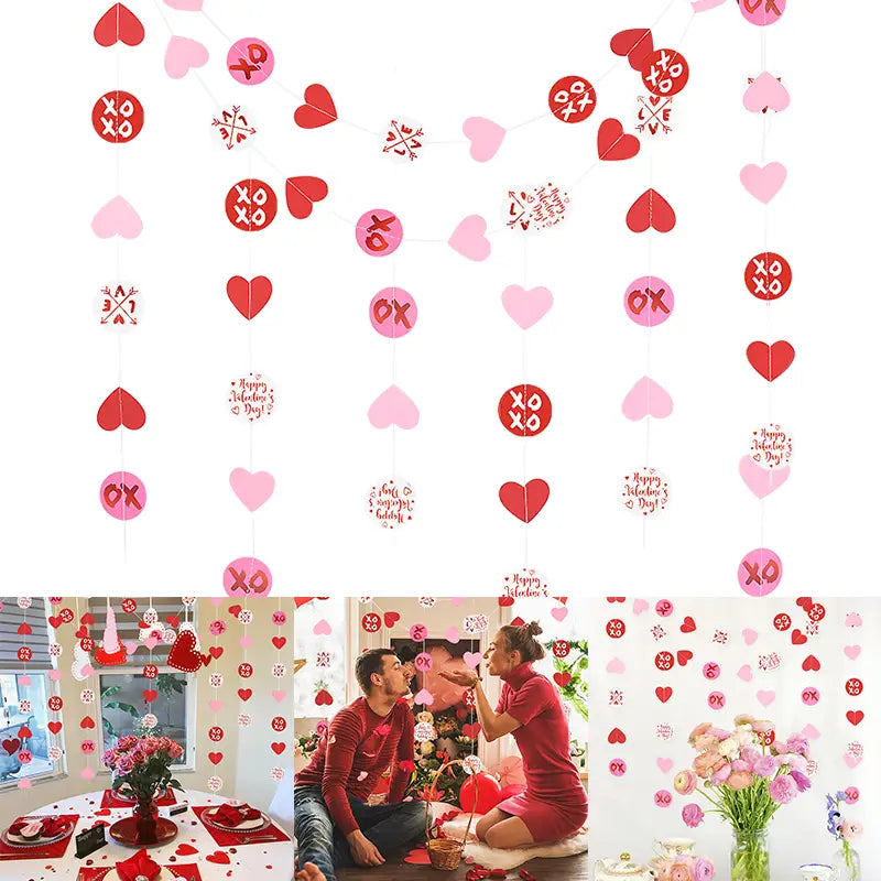 Guirnalda de corazones para San Valentín: pancarta que presenta recortes de papel con forma de corazón rojo y rosa con texto «xo» y «happy valentines day» colgando como decoración festiva.